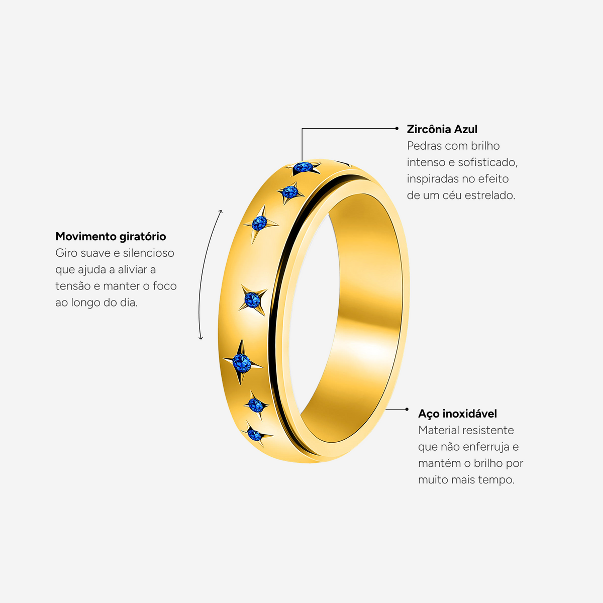 Anel Celestial Dourado com Cristal Azul
